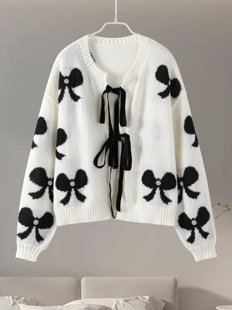 Bow Lace Up Knitted Women Sweater Preppy Hollow Out Oneck Long Sleeve Female Cardigan Autumn Print Patchwork Lady Knitwear 241203