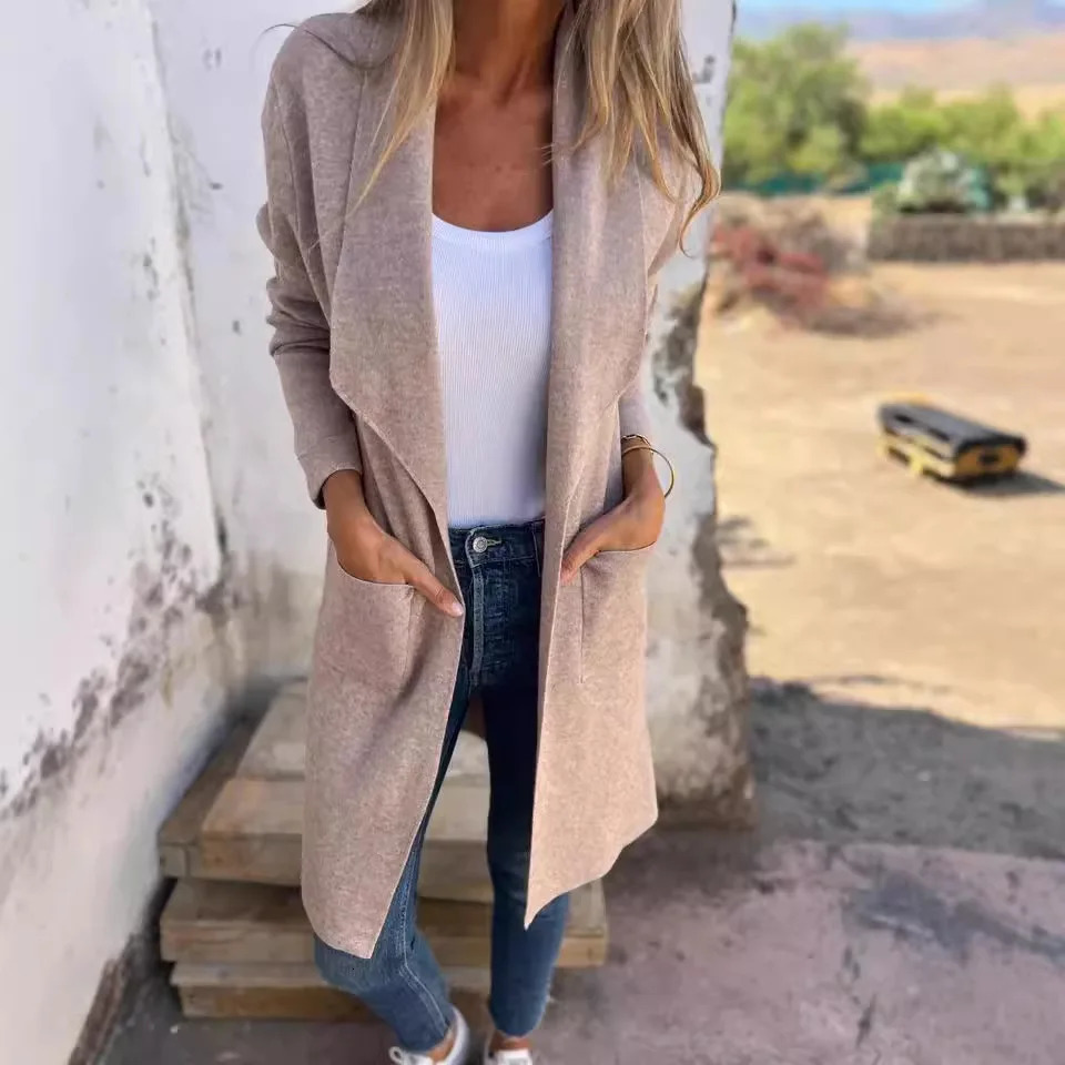 Flip Collar Mid Length Knitted Cardigan Thin Woolen Coat 241202