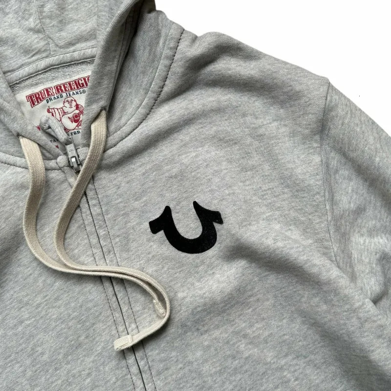 Street Clothing Light Grey Zipper Sweatshirt Mens Harajuku Classic Cartoon Graphic Printing Super Large Hoodie Autumn Y2K Top 241206