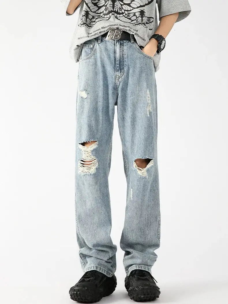 Summer Thin Light Color Ice Silk Hole Jeans American Street Gangster Handsome Straight Trousers 241204