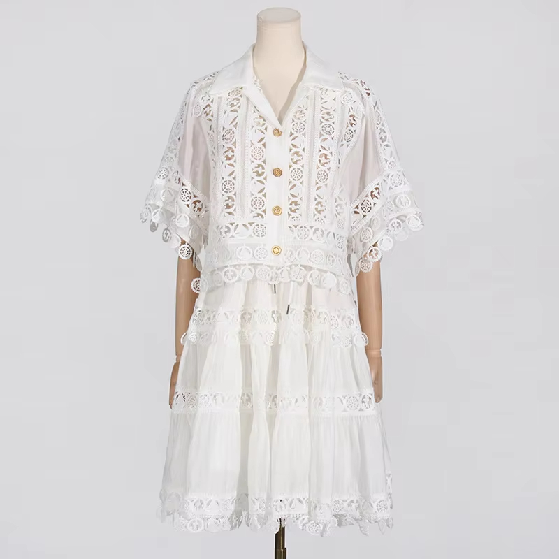 Two Piece Dress Summer Corchet White Lace Embroidery Hollow Out 2 Pieces Set Outfits Women Loose Shirt Tops Elastic Waist Midi Skirts Suit 2025