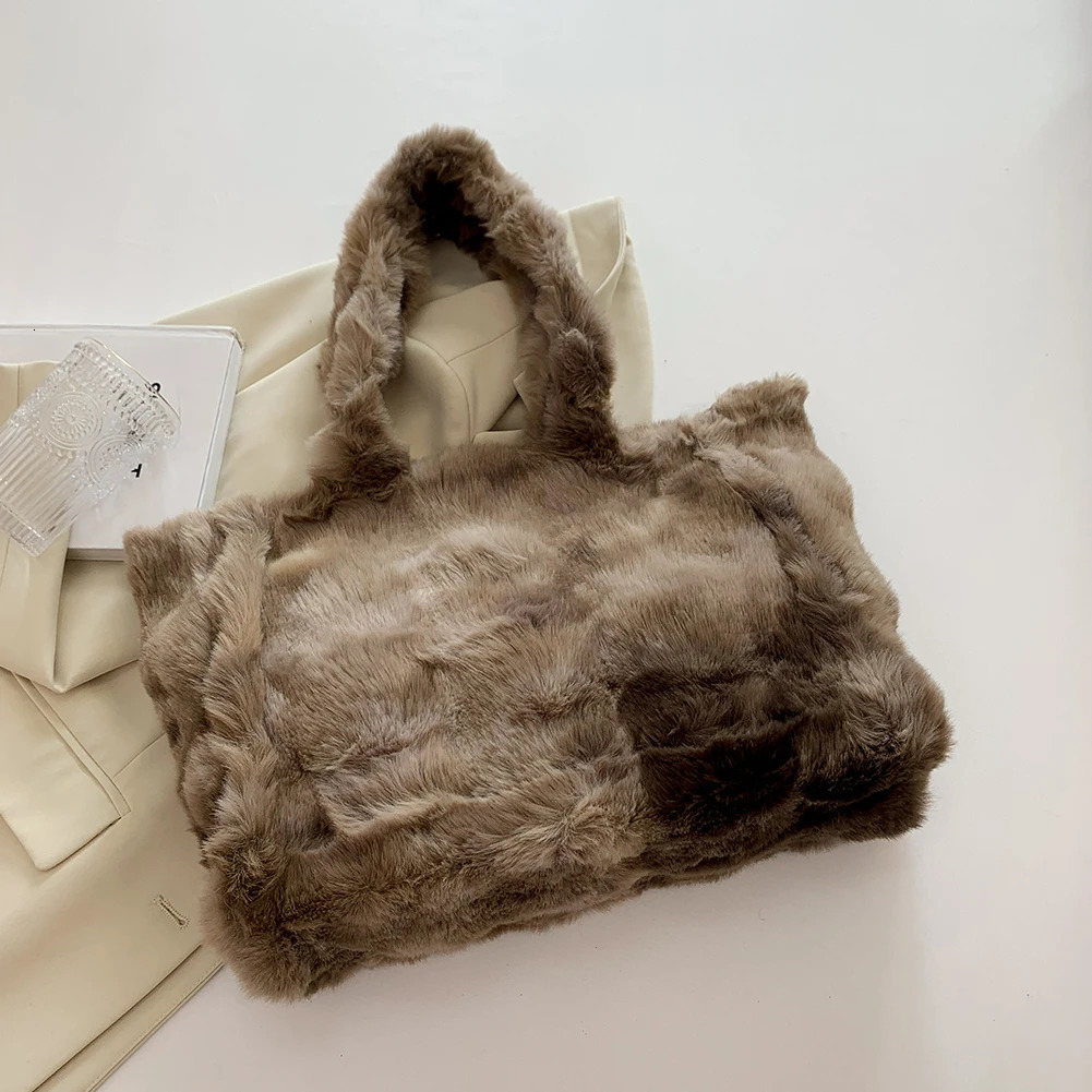 Womens fur shoulder bag soft tie dye shopping bag large capacity plush top handbag womens outdoor leisure bag 241205