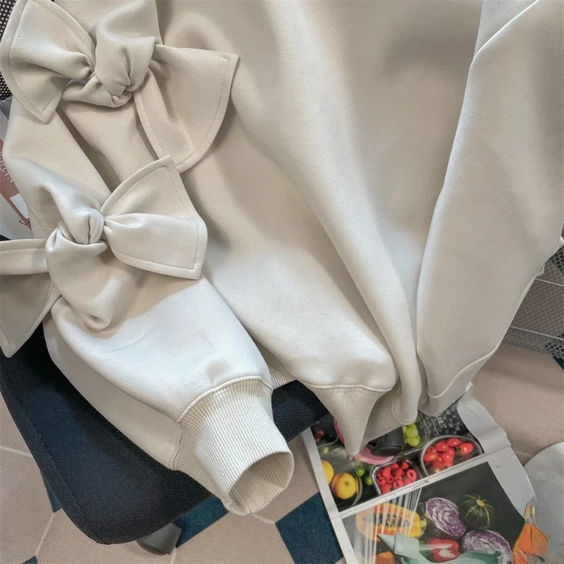 French Small Fragrance Sweatshirts Bow Solid Color O Neck Long Sleeve Casual Loose Hoodies Autumn Harajuku Y2k Womens Clothing 241203