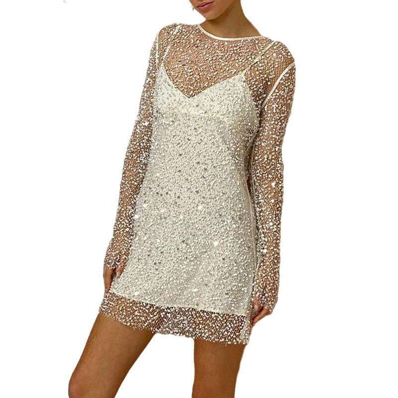 Women's Size Bubble Bead Perspective Mesh Two Piece Set Strap Dress 2024 New Style Unique Elegant Clothing