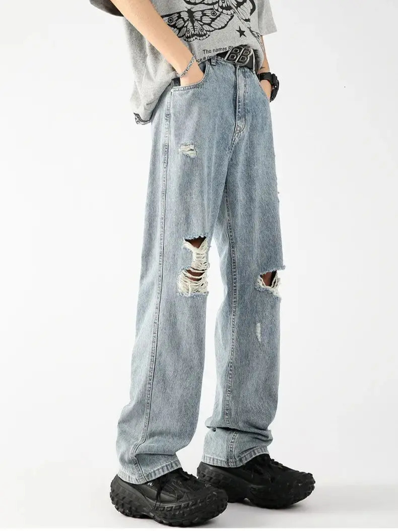 Summer Thin Light Color Ice Silk Hole Jeans American Street Gangster Handsome Straight Trousers 241204