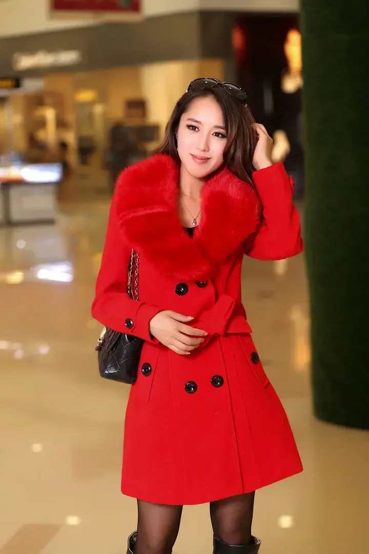 Mid Length Wool Coat Fur Collar Splice Blends Korean Full Sleeve Double Breasted Lace Up Belt Thick Warm Winter Jackets 241202