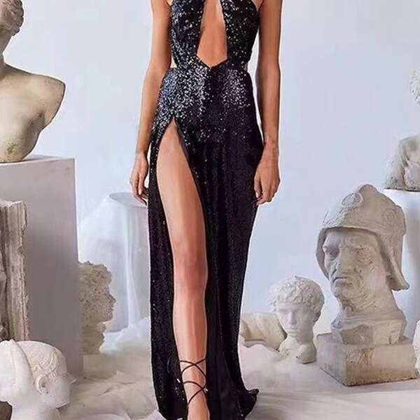 Spring/Summer Sexy Party Bead Irregular Temperament Evening Women's Hanging Neck Dress 2024 New Casual Versatile Fashion Clothing