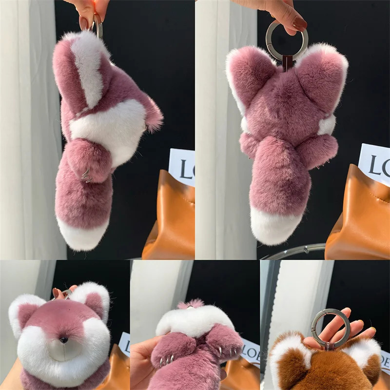 2024 Real Rex Rabbit Fur Fox Pendant Keychain Female Fluffy Fox Toy Pavilion Package Car Keychain Charm Girlfriend Gift Accessories 241206