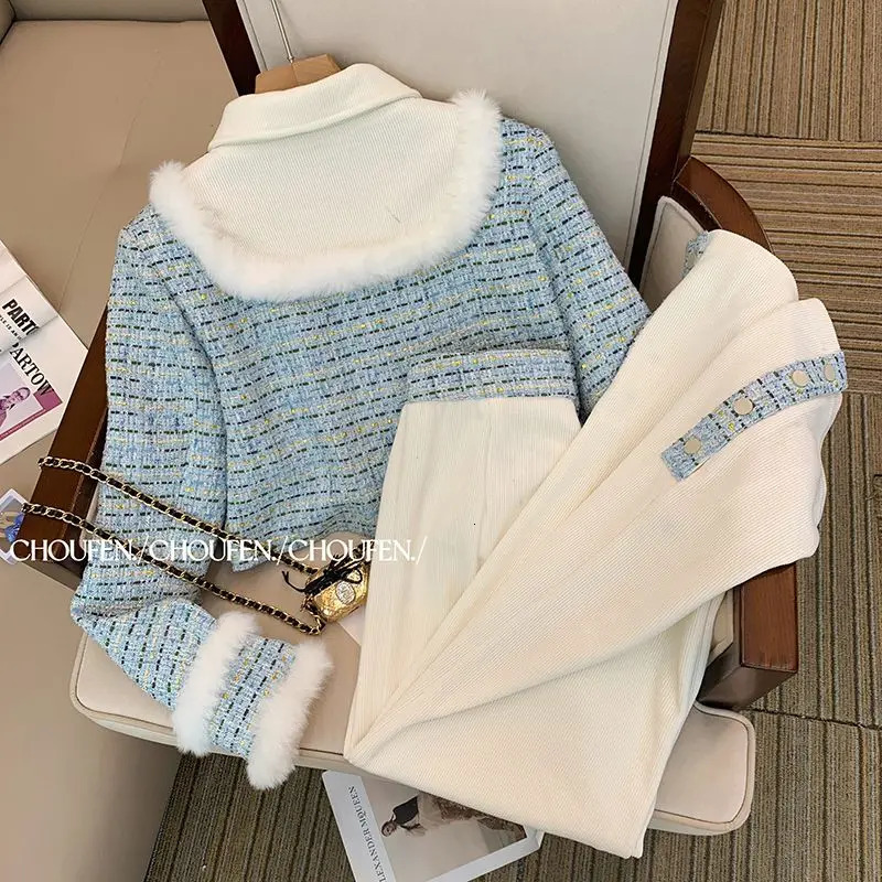 Temperament Tweed Jacket Patchwork Top Plaid Coat Fleece Thick Wide Leg Womens Two Peice Sets Pantalon Femme Chic Autumn