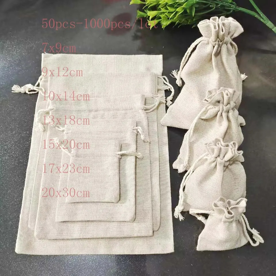 50 pieces/batch 7x9 9x12 10x14cm Burlap gift bag Jute drawstring bag Cotton linen jewelry bag Wedding display packaging gift bag 241206