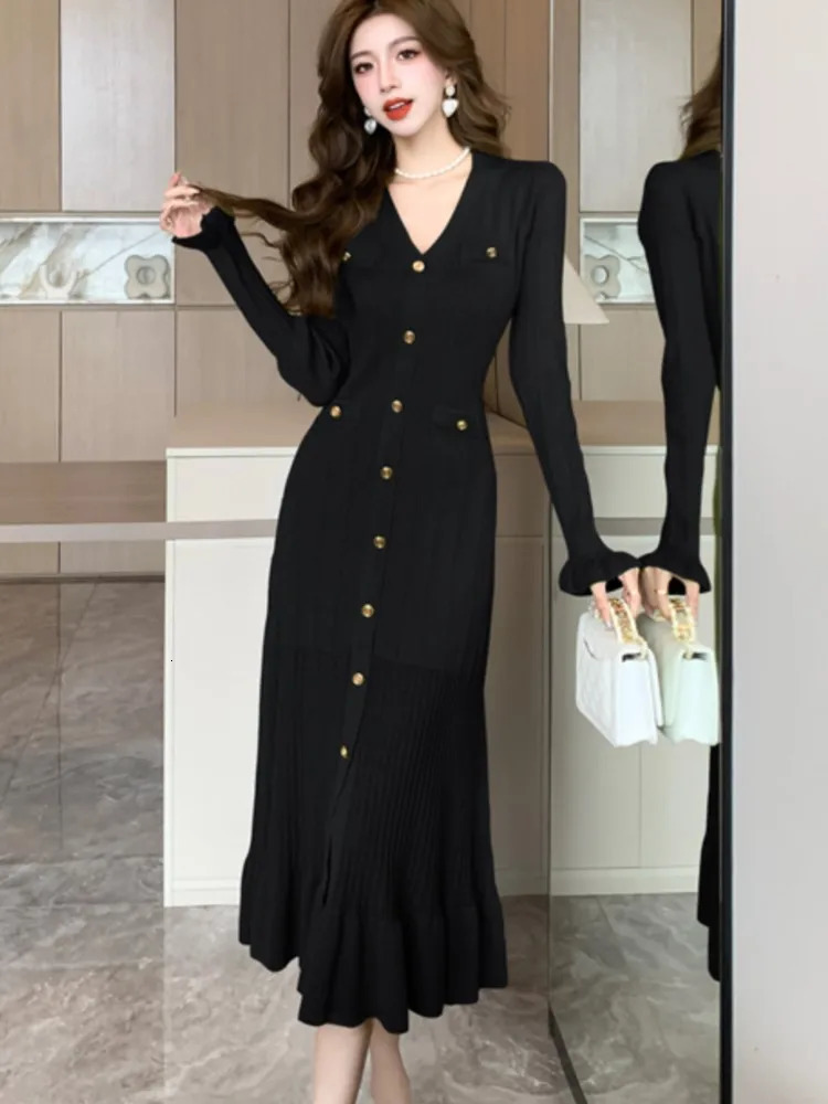Autumn solid knit womens dress single chest chic pleated sleeves casual hem womens office elegant robe 241205