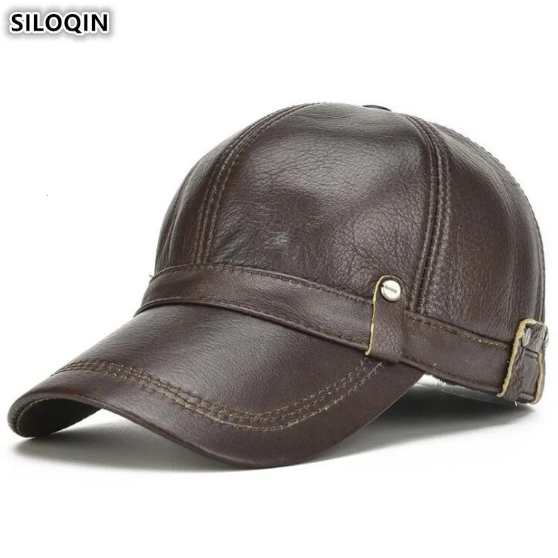 SILOQIN Cap genuine leather cap mens denim baseball cap adjustable size mens leather cap 2024 ear cap 241206