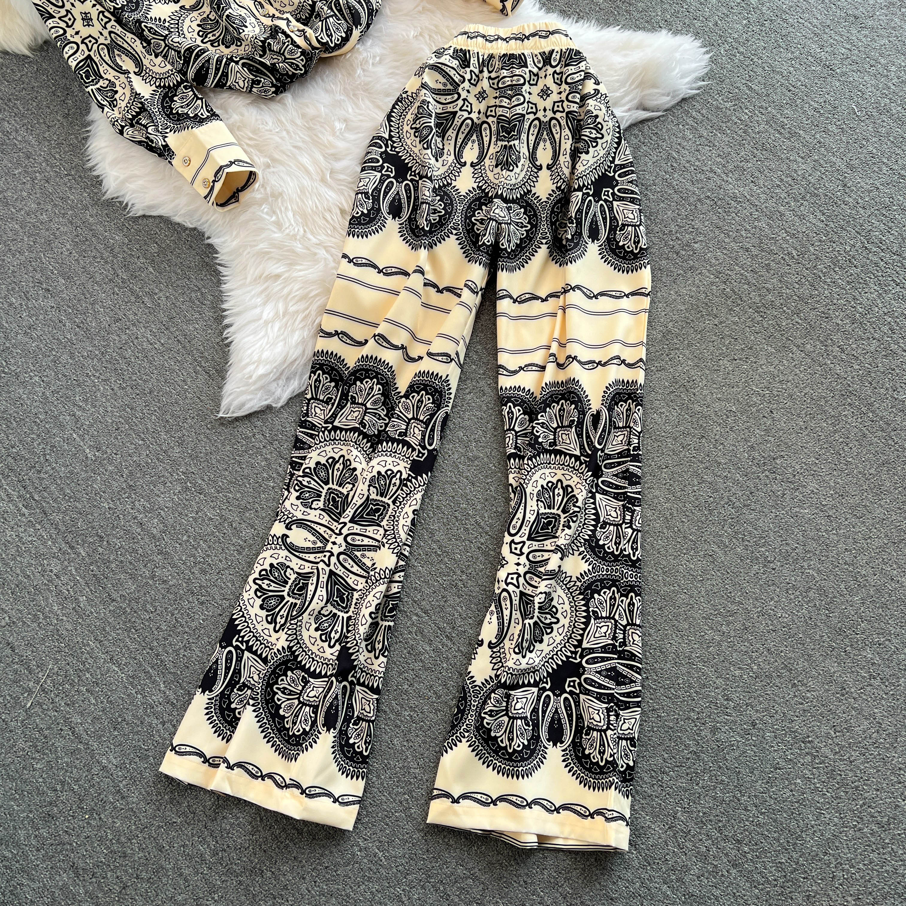 Women's Two Piece Dreses Pants Women Vintage Print 2 Piece Set Chic Lapel Long Sleeved Blouse Top Loose Straight Leg Pants Suit Fashion Streetwea
