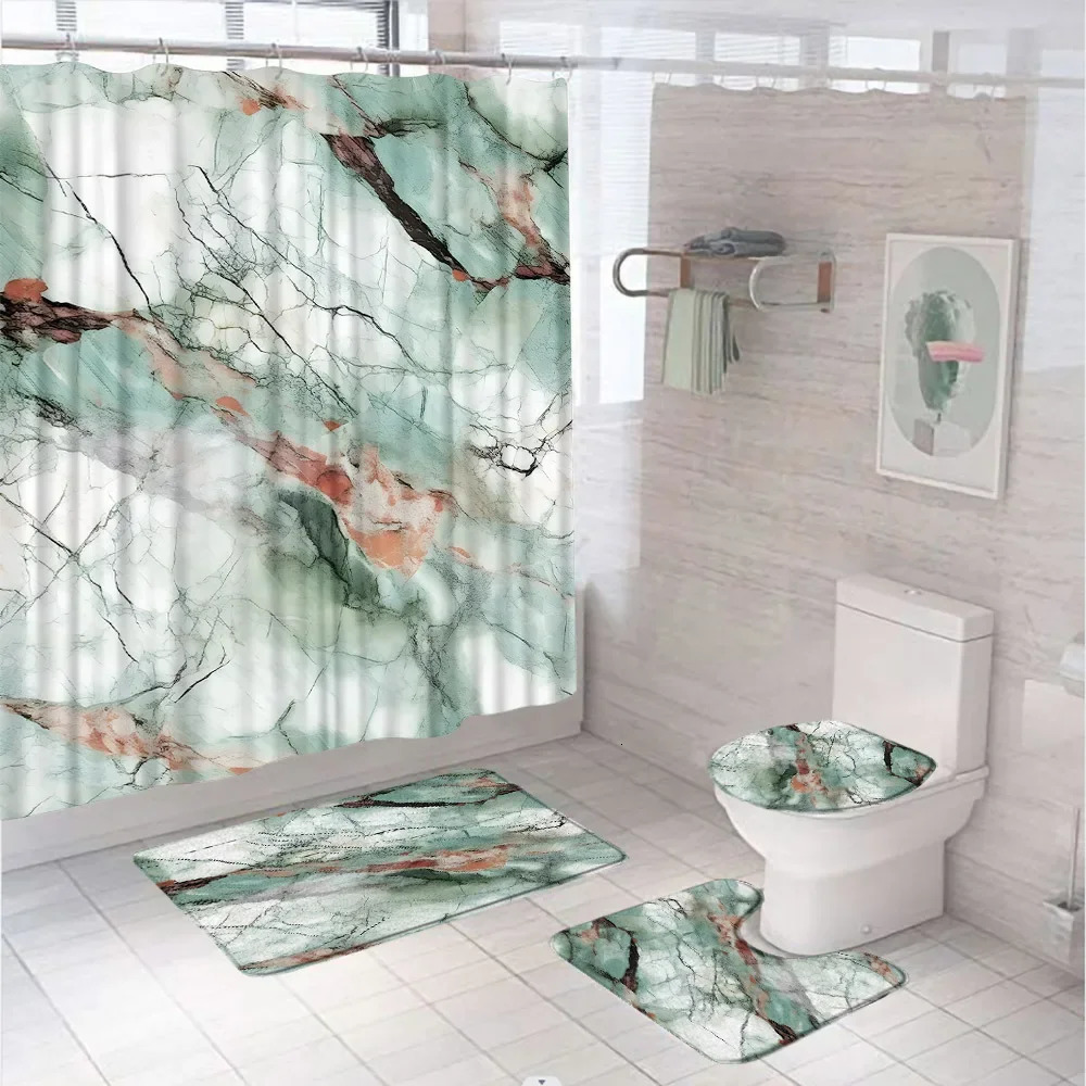 Vintage Blue Gold Marble Terrazzo Shower Curtain Sets 3D Bathroom Curtain Non-Slip Bath Mat Rugs Toilet Cover Home Decor 241206