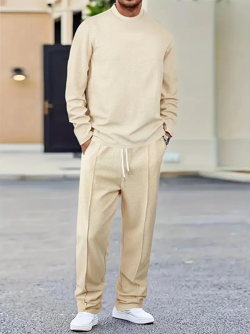 Waffle biscuit solid color long sleeved pants set mens spring and autumn casual fashion set 241205