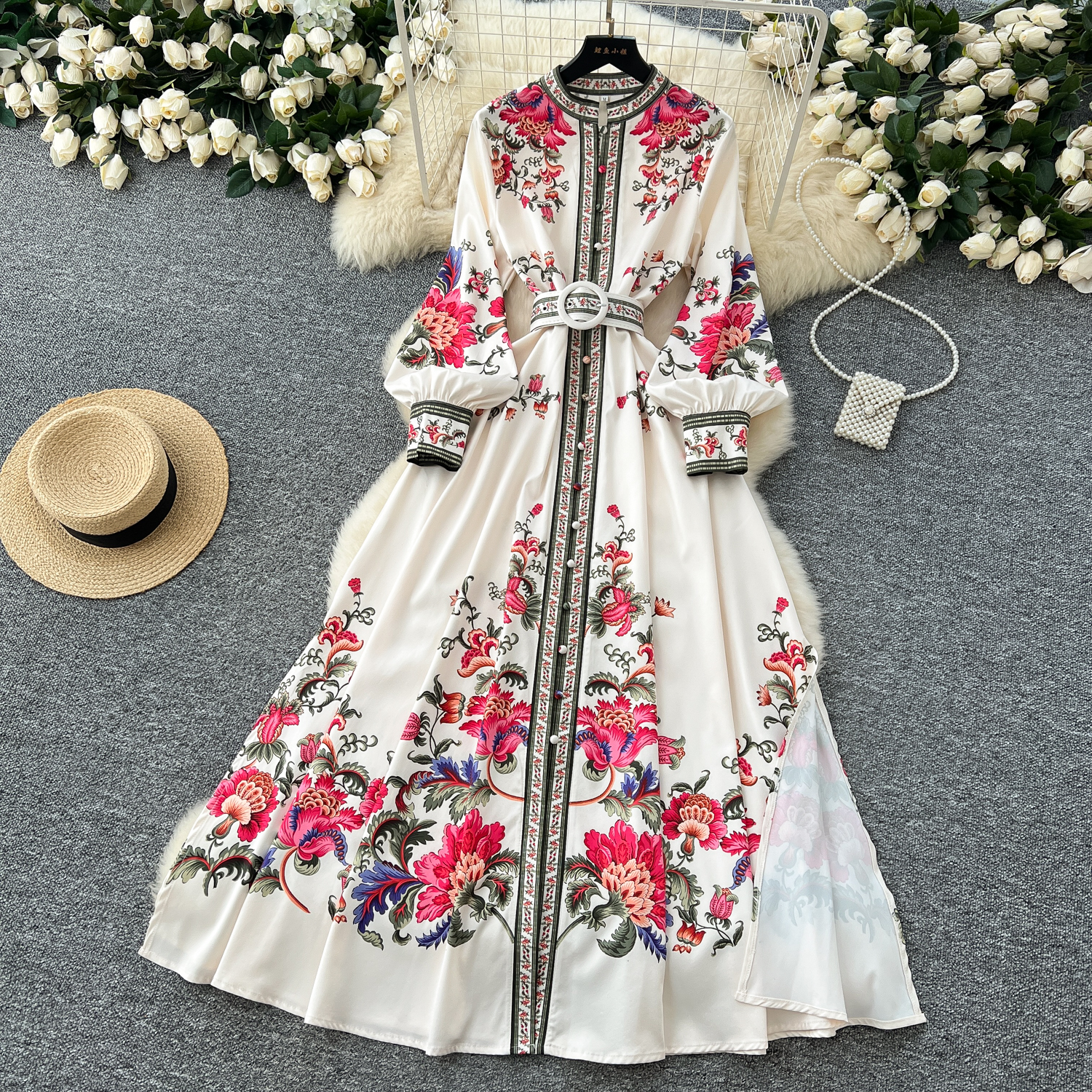 Casual Dresses 2025 Spring Vintage Flower Maxi Dress Women's Lantern Sleeve Stand Single-Breasted A-Line Floral Printed Belt Long Robe Vestidos