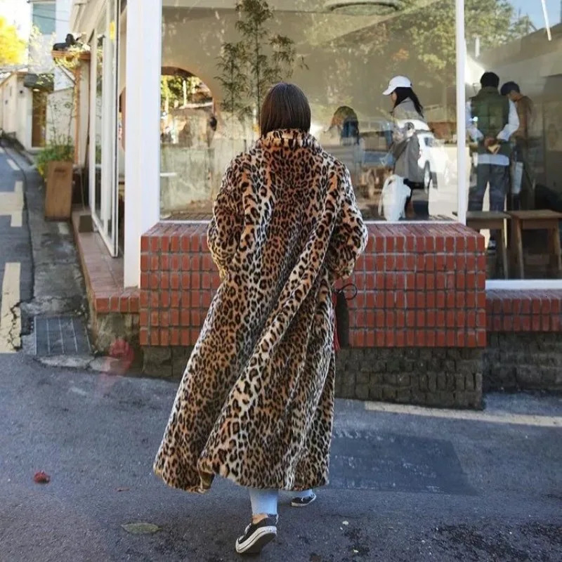 Extra Long Leopard faux fur coat womens winter faux fur leather jacket thickened thin scale coat plush fluffy coat 241202