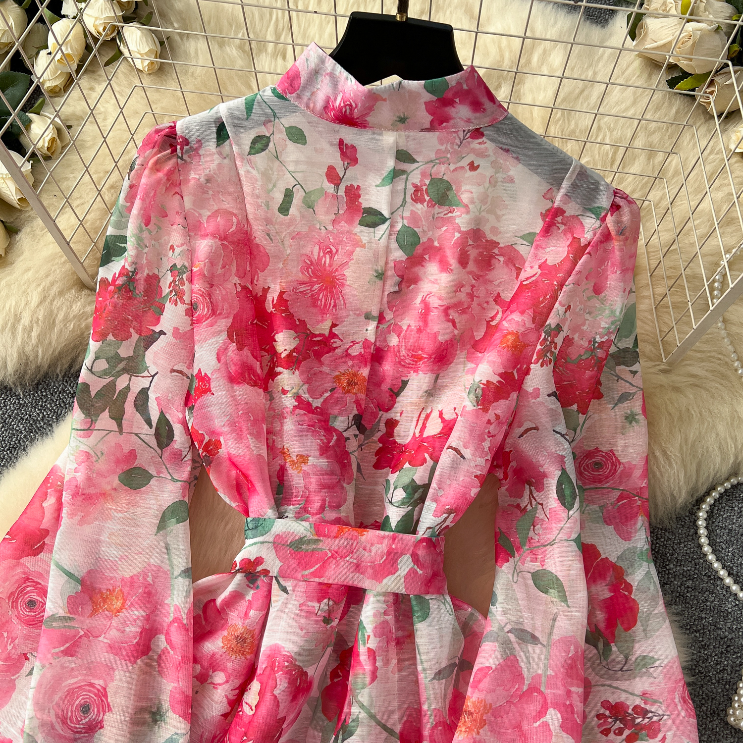 Casual Dresses 2025 Spring Holiday Gorgeous Flower Organza Dress Women Lantern Long Sleeve Beaded Button Floral Print Belt Lace Up Boho Ves