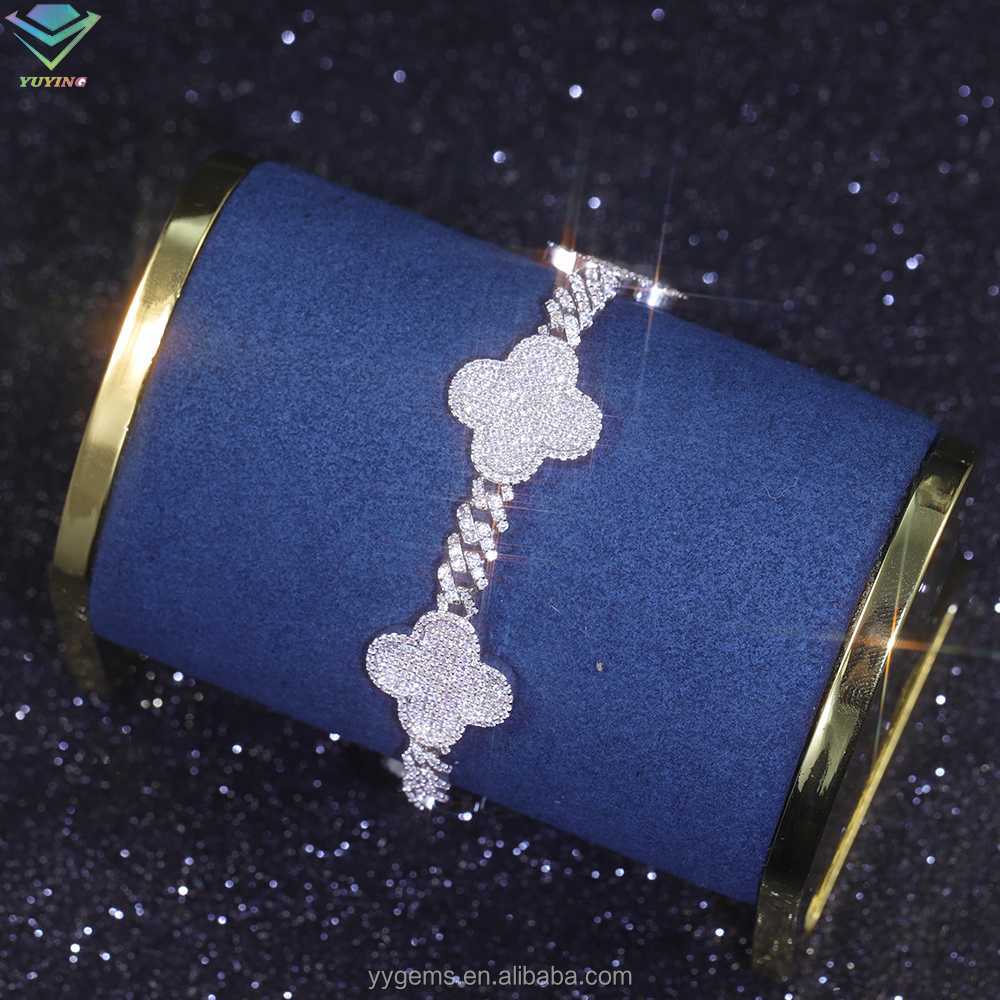 Yu Ying Clover Bracelet 18k Gold 925 Sterling Silver VVS Moissanite Cuban Link Chain Bracelet for Hip Hop Jewelry