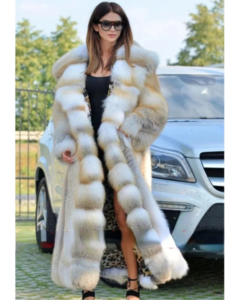 Winter long faux fur warm coat long sleeved coat fox fur coat long hooded fur integrated fur coat S-XXXXXL 241202