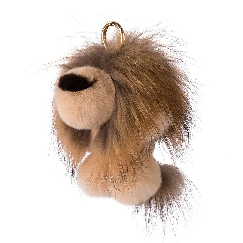 Plush real Rex rabbit fur keychain cute toy lion handbag pendant charm pavilion womens car keyring decoration childrens birthday gift 241206