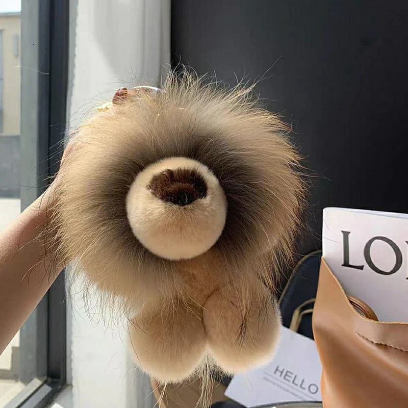 real Rex rabbit fur lion pendant keychain cute plush doll toy for women childrens pavilion bag car keychain decoration birthday gift 241206