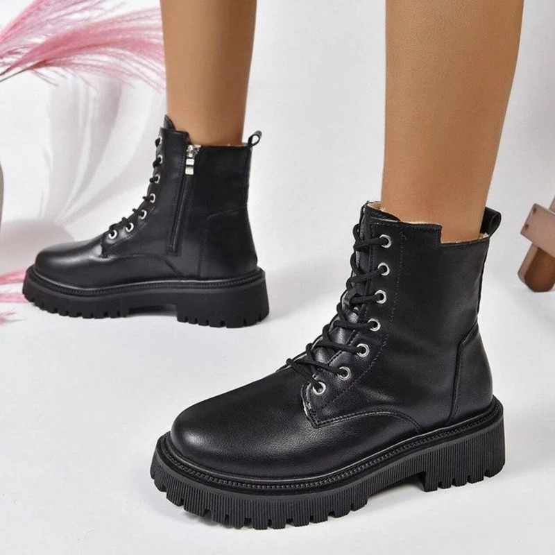 Winter Warm Short Plush Ankle Boots Fashion Zipper Lace Up Platform Combat Comfortable Low Pu Leather Botas Unprinted Good Product 241206