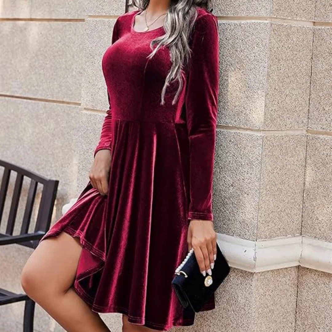 Christmas Party Basic Velvet Midi Dress A-Line Round Neck Long Sleeve Elegant Dress Fashion Womens Dress Holiday Dress 241205