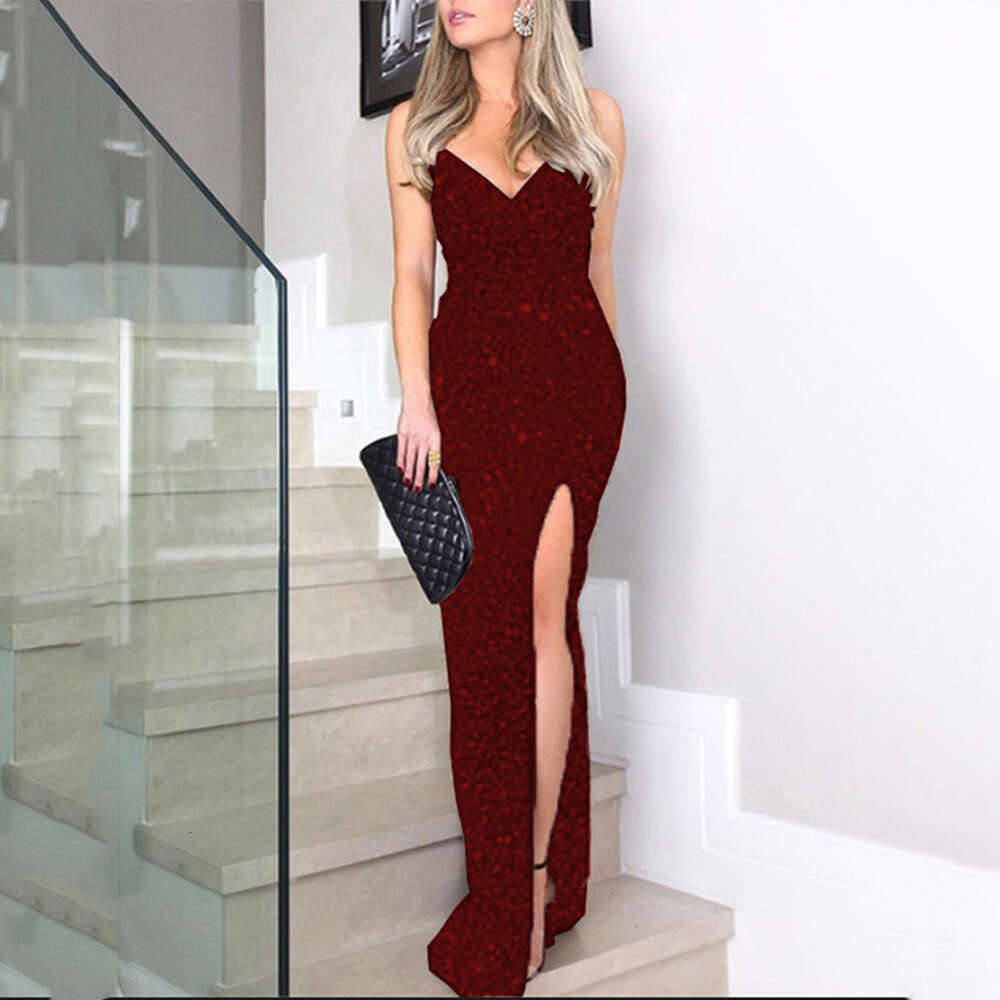 summer European American women's high waisted sexy fashion with suspender sequins slit dress 2024 new style chic and elegant clothing