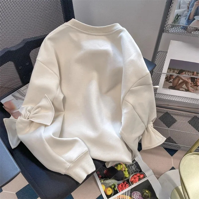 French Small Fragrance Sweatshirts Bow Solid Color O Neck Long Sleeve Casual Loose Hoodies Autumn Harajuku Y2k Womens Clothing 241203