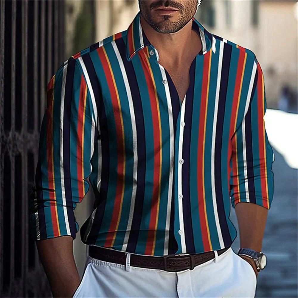 Mens striped printed collar button up shirt suitable for spring and summer fashion casual long sleeved comfortable street top 241206