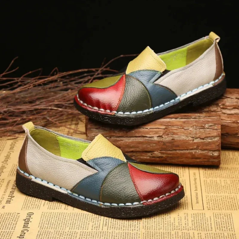 Mixed Color Womens Loafers Retro Flat Shoes Soft Sliding Splicing Patch Moccasins Large Size 43 Rasteiras Femininas 241206