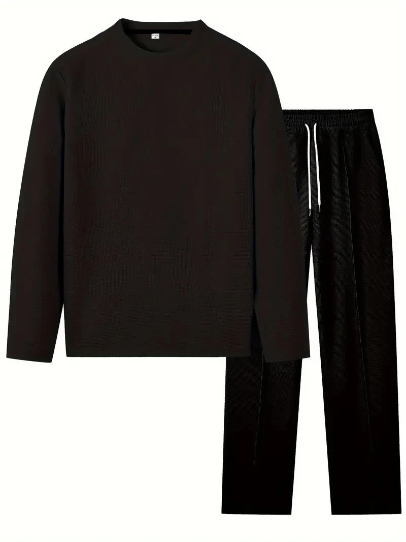 Waffle biscuit solid color long sleeved pants set mens spring and autumn casual fashion set 241205