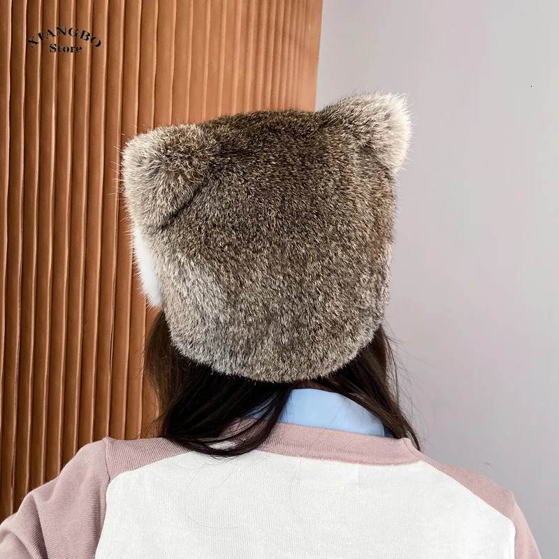 100% genuine rabbit fur hat for women Russian Uzanka pilot hunter snow skiing hat earmuffs winter rabbit fur bomber hat 241206