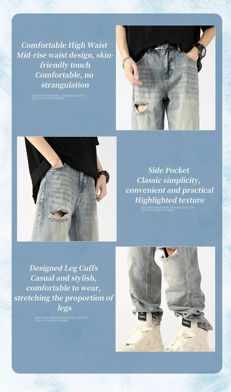 Summer Thin Light Color Ice Silk Hole Jeans American Street Gangster Handsome Straight Trousers 241204
