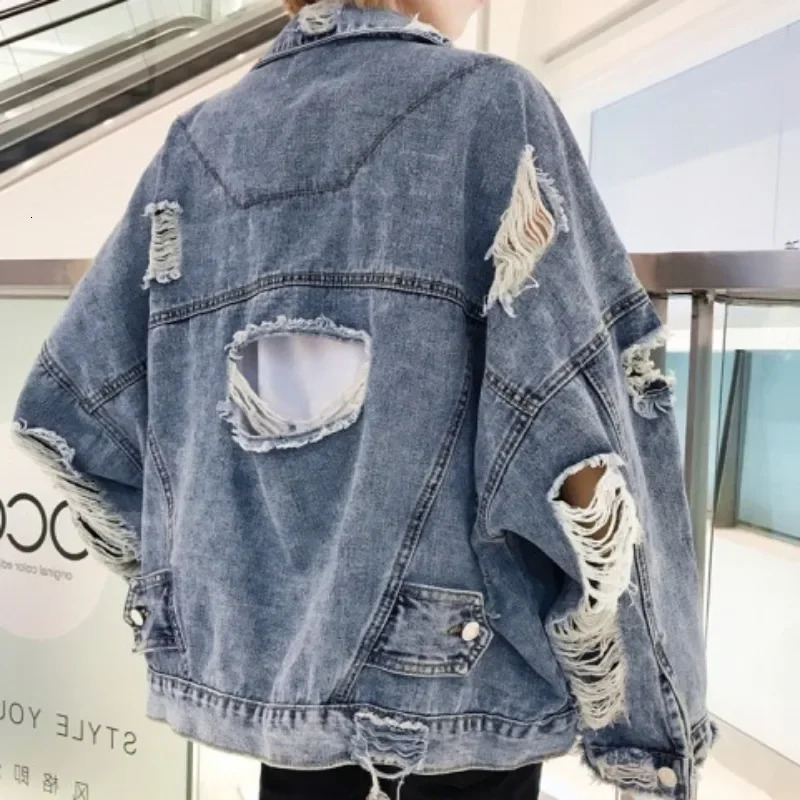 Fashion blue ripped denim jacket Y2K Distressed Streetwear hiphop jeans bicycle mens spring 241206