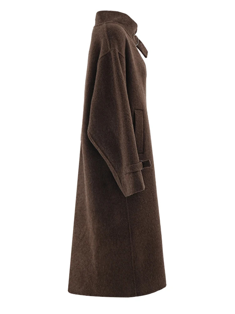 EAM Brown Large Thick Wool Coat Stand Collar Long Sleeve Womens Jacket Fashion Trend Winter CPG2349 241205