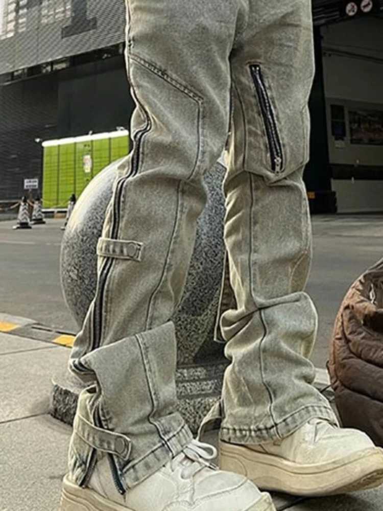 Straight jeans mens side zipper patch work ultra-thin fully matched Japanese style Harajuku streetwear denim Trouser autumn new collection M241207