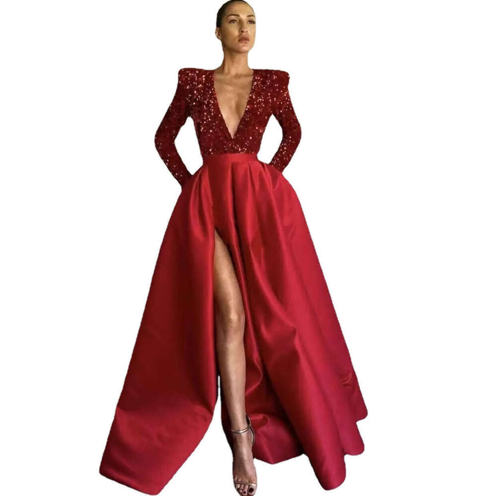 European and American Women's Feel Single Shoulder Sleeve Bead V-neck Large Pendant sequin Split Long Evening Dress 2024 New Casual Versatile Fas