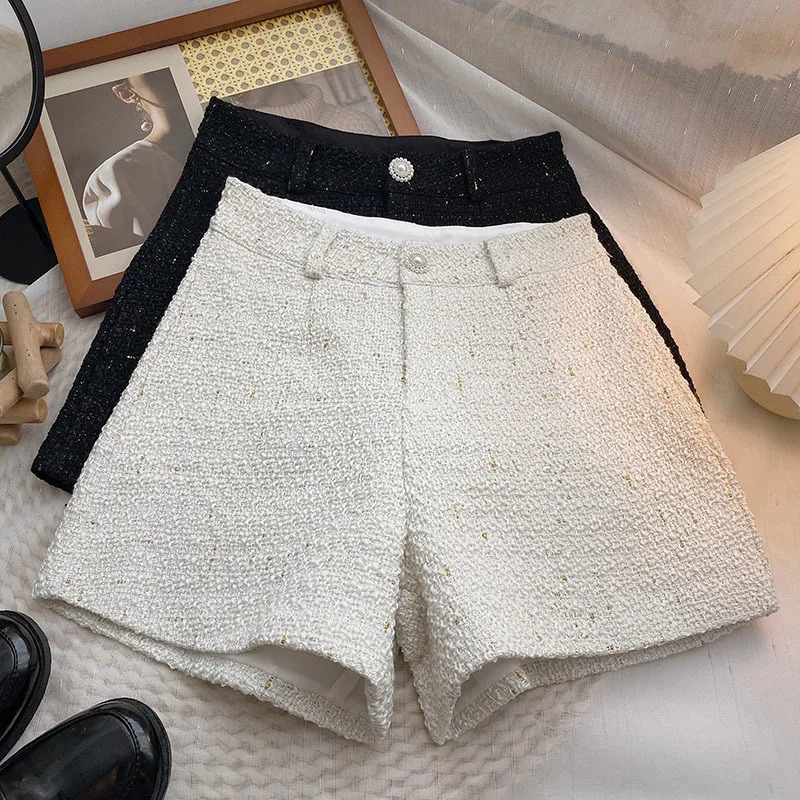 Womens casual shorts with spring solid high waist A-line coarse tweed Korean fashion womens shorts retro wide leg Trouser 241206