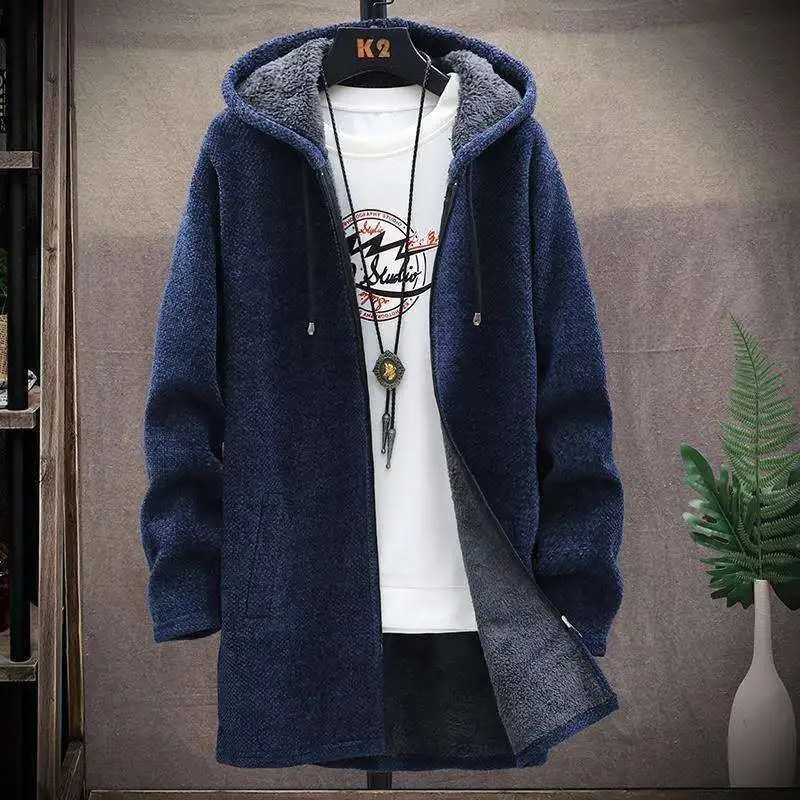 Winter mens sweater wool cardigan ultrathin winter long hooded thick coat clothing 241206