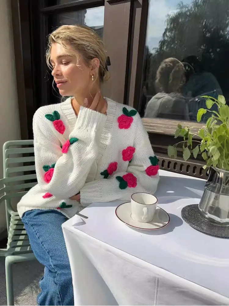 Mozision Rose Floral Knit Sweater Cardigans Women Autumn Winter V Neck Long Sleeve Singlebreasted Warm Knitted Sweaters 241203