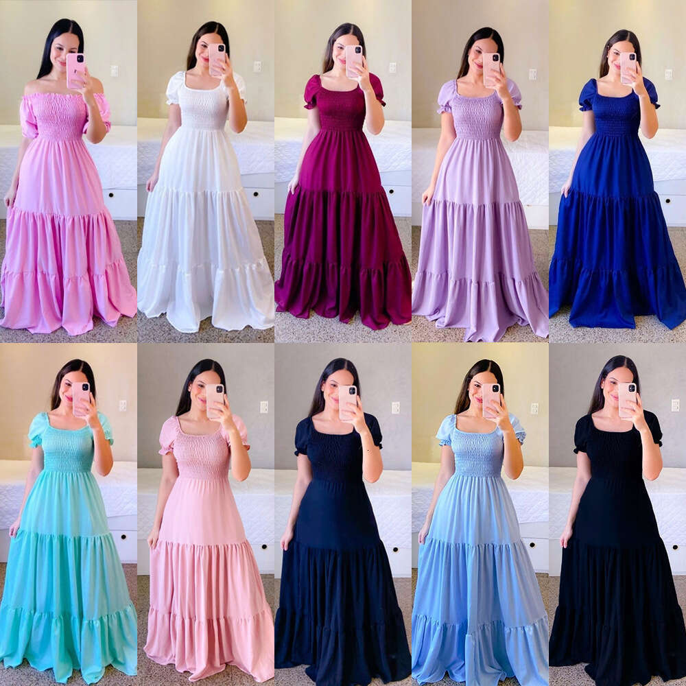 Spring/Summer European and American Women's One Broken wer Exposed Shoulder Long Color Fairy Dress 2024 New Casual Versatile Fashion Clothing