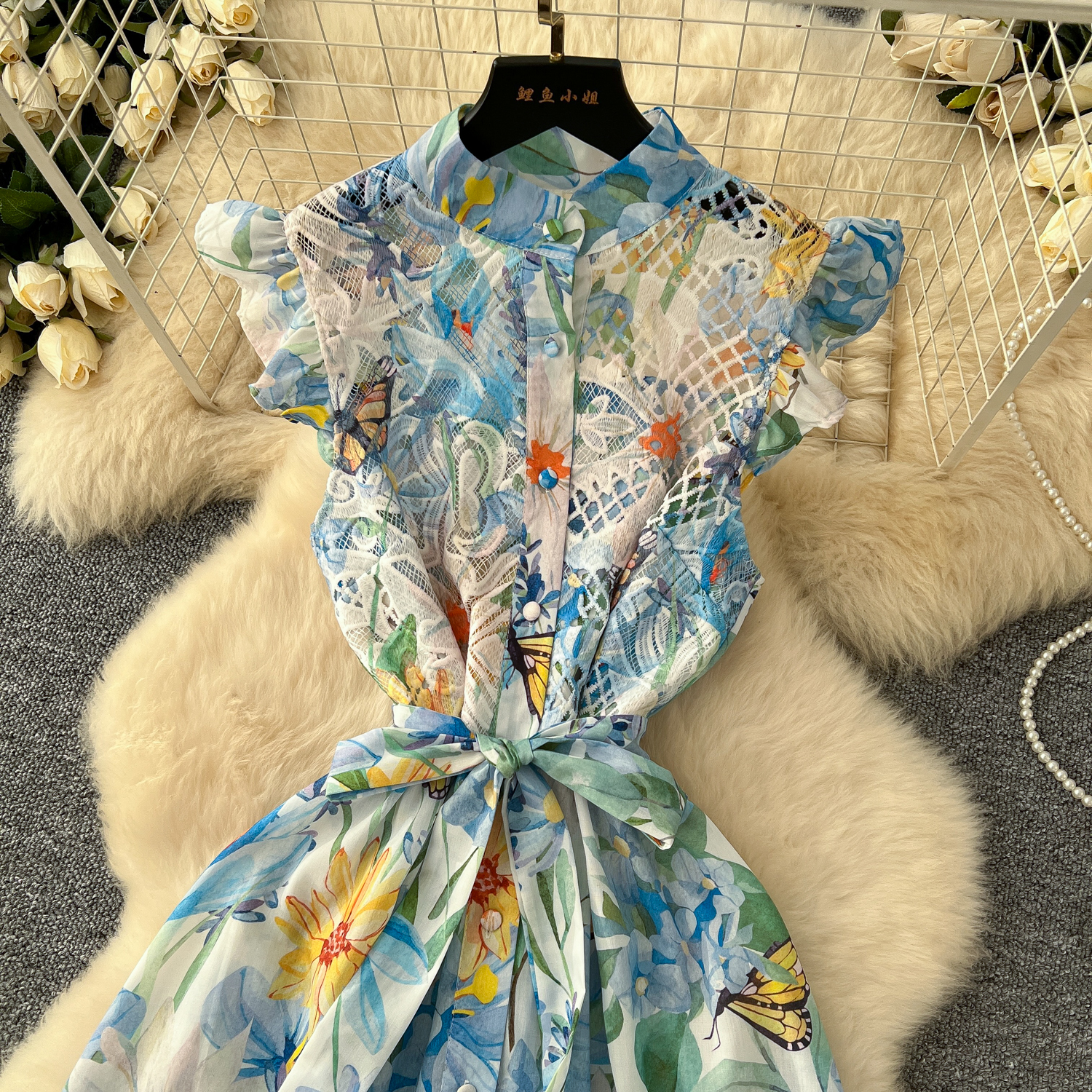 Casual Dresses Women Summer Gorgeous Flower Embroidery Lace Spliced Wedding Dress Women Ruffles Sleeve Colorful Belt Long Robe Holiday Party Vestidos 