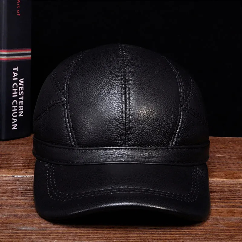 HL030 Mens Genuine Leather Baseball Hat Cowboy Leather Warm Hat 241206