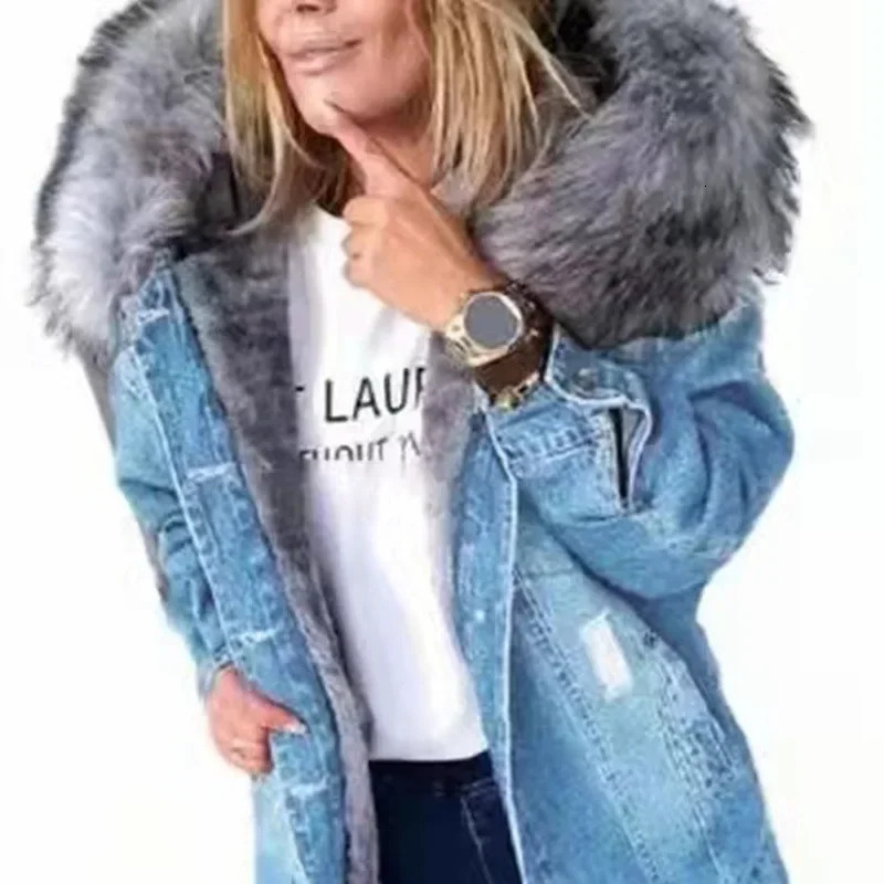 Womens denim jacket thick warm hooded fur collar single chest full sleeves casual sewn in autumn and winter 241206