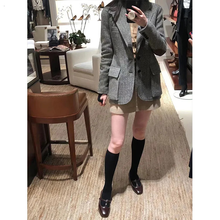 Wool Suit Herringbone Jacket 2025 Autumn And Winter Woolen Top Coats For Women 241202