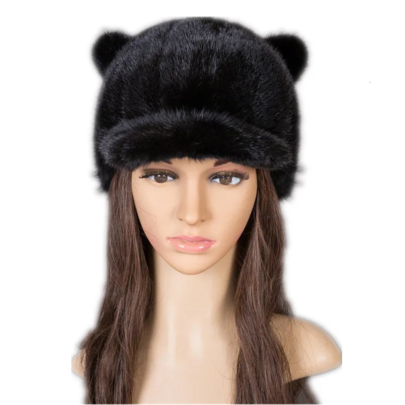 A genuine mint fur baseball cap with ear bunny style warm all sheepskin black red gray brown fashionable fur cap for winter and winter 241206