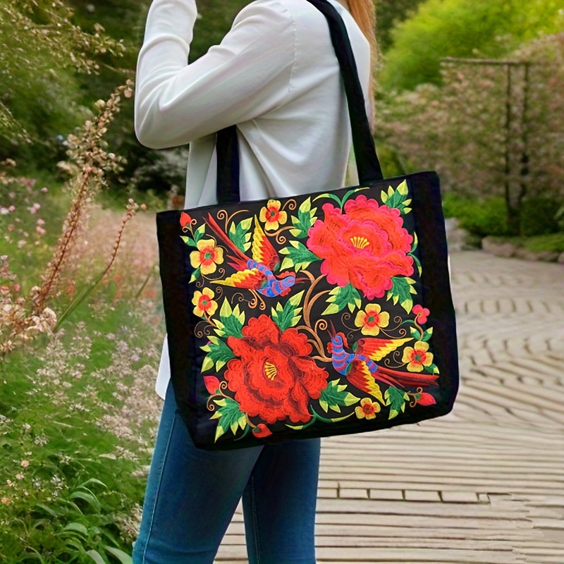 Ethnic embroidered shoulder with large capacity Yunnan women's tote bag, canvas, Chinese style peony handbag, shopping bag