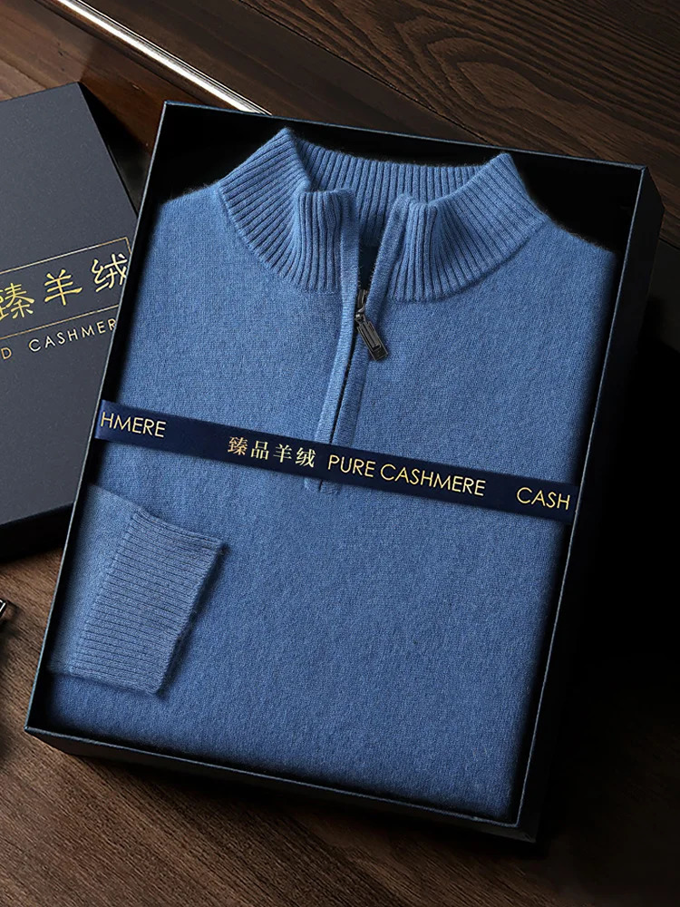 Qiku Mens 100% Cashmere Sweater Zipper Collar Plain Collar Long Sleeve Basic Cashmere Knitted Autumn Clothing Top 241206